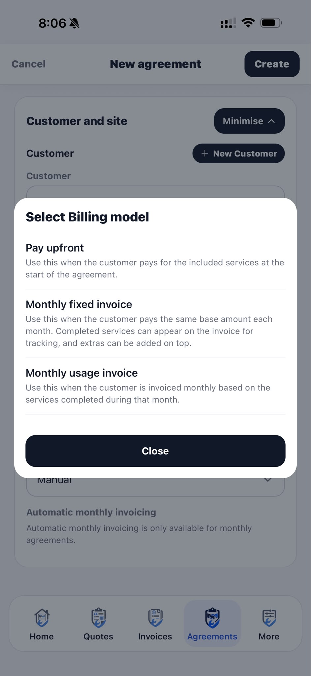 Agreement billing and monthly invoice settings