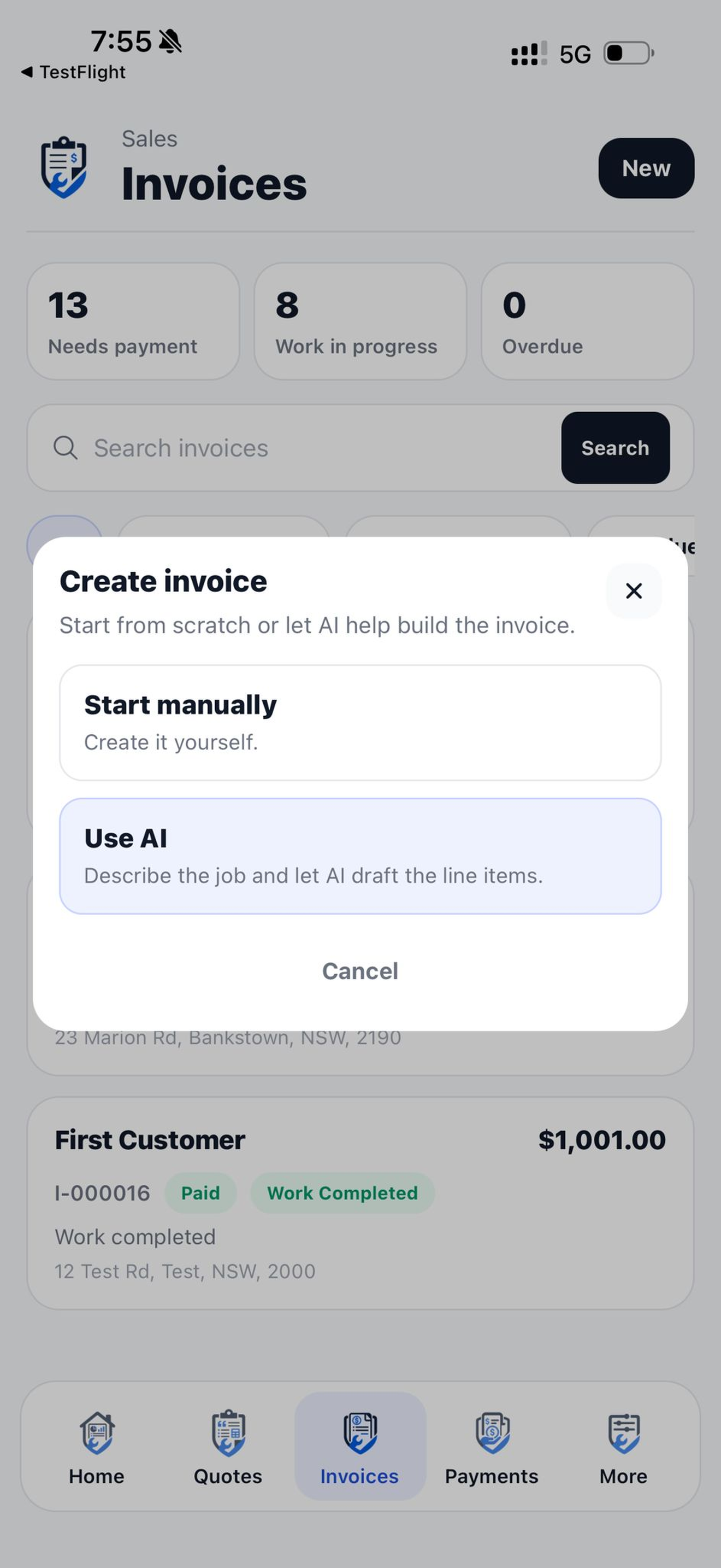 Create invoice options from completed event