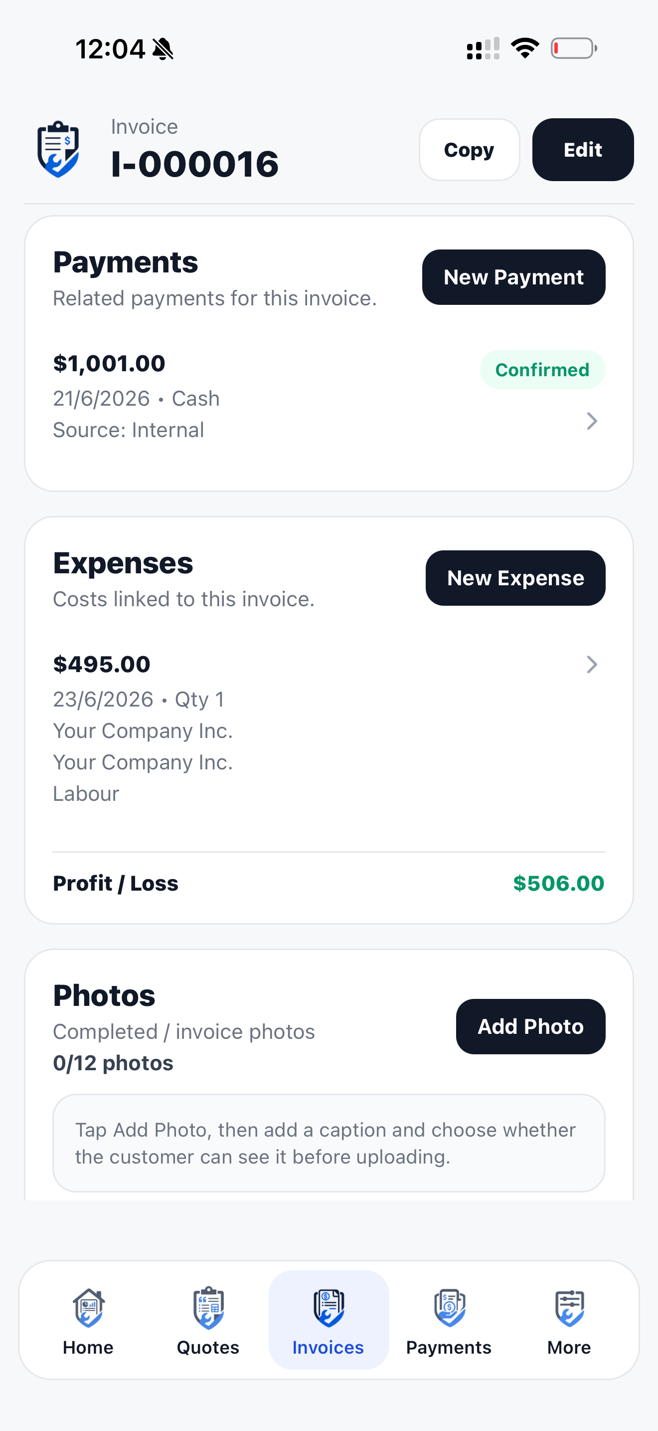 Job profit tracking