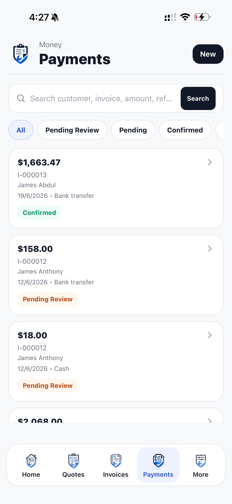 Invoice detail with amount owing